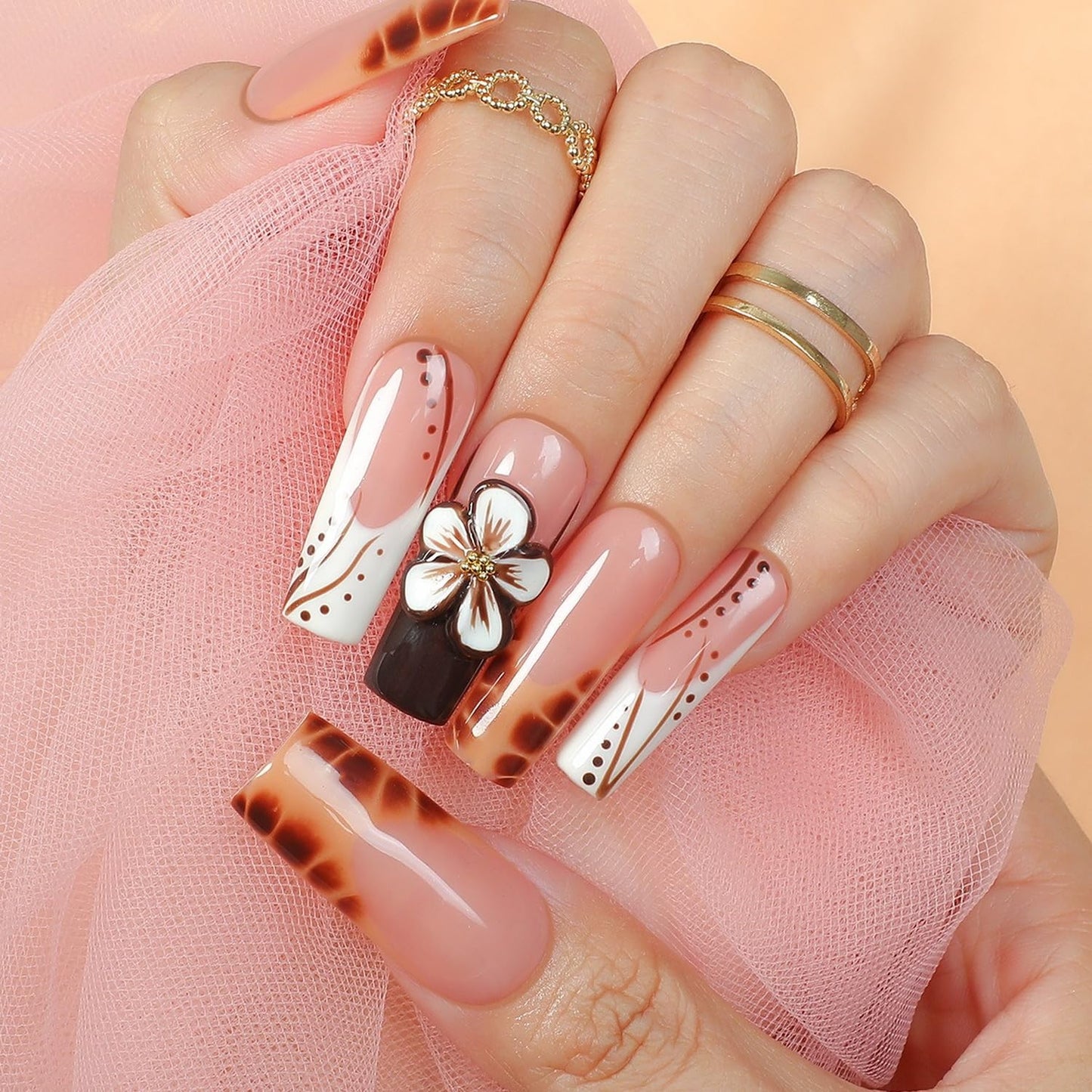Flower Press on Nails - Long Square Handmade Press on Nails Thick Acrylic and Muti-Layer Gel False Nails 3D Floral Stick on Nails Leopard French Tip Fake Nails for Women DIY Art Decor (M)