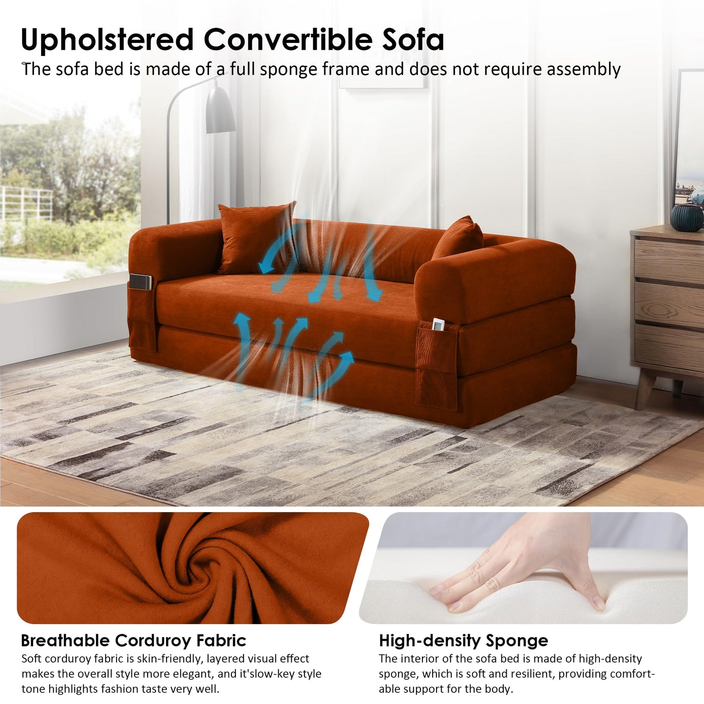80" Convertible Sofa Bed, 3-in-1 Corduroy Folding Pull Out Couch with Pillows, No Assembly Modern Boneless Couch Compression Sofa in Box, Floor Sofa with Side Storage Pocket for Living Room, Orange