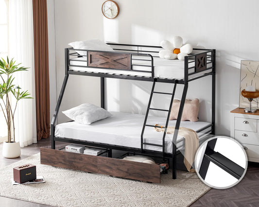 Bonnlo Metal Bunk Bed Twin Over Full with 2 Storage Drawers, Heavy Duty Twin Over Full Bunk Bed for Kids Teens Adults, 13.7-Inch Guardrail, Inclined Ladder, No Box Spring Needed, Black/Brown