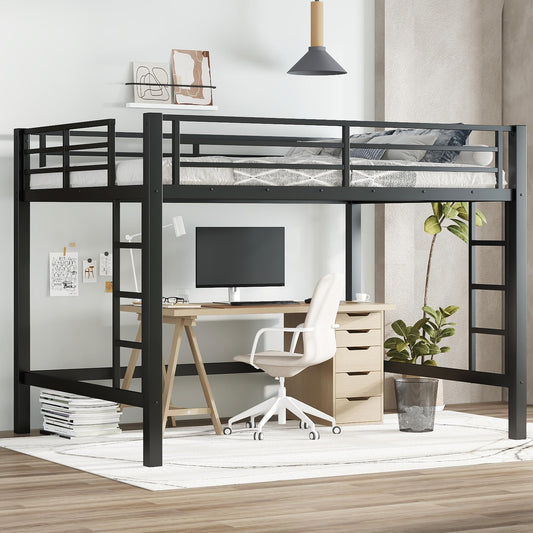 Metal Queen Size Loft Bed,Heavy Duty Loft Bed Frame Queen Size with 2 Ladders and Full Length Guardrails for Kids, Teens, Adults, Noise-Reducing,Space-Saving,Black