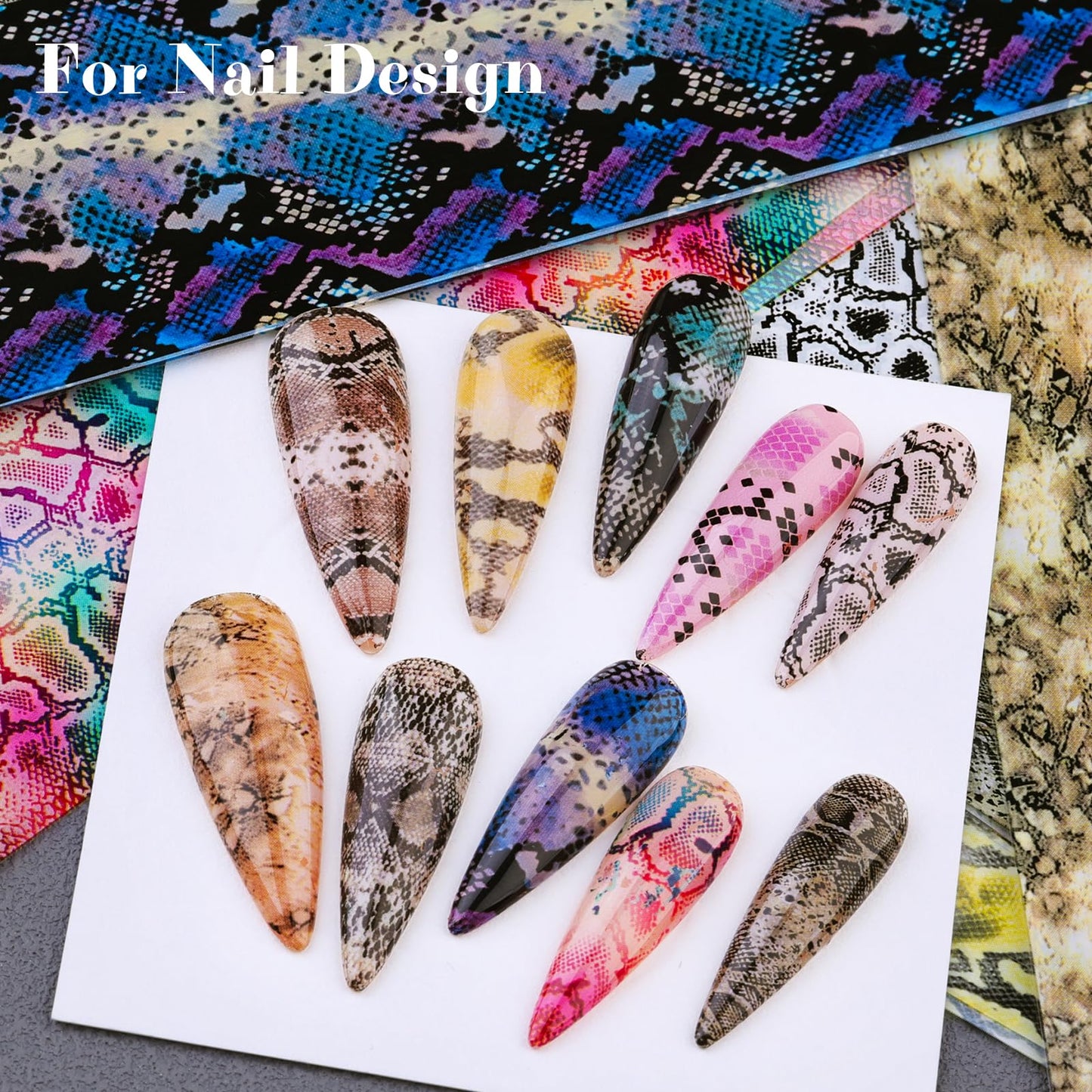 Snake Nail Foil Transfer Stickers, 10PCS Python Skin Holographic Foils, Starry Sky Laser Nail Art Decals & Adhesive Transfer Paper for Acrylic Gel Nails, Manicure Supplies and Nail Decorations