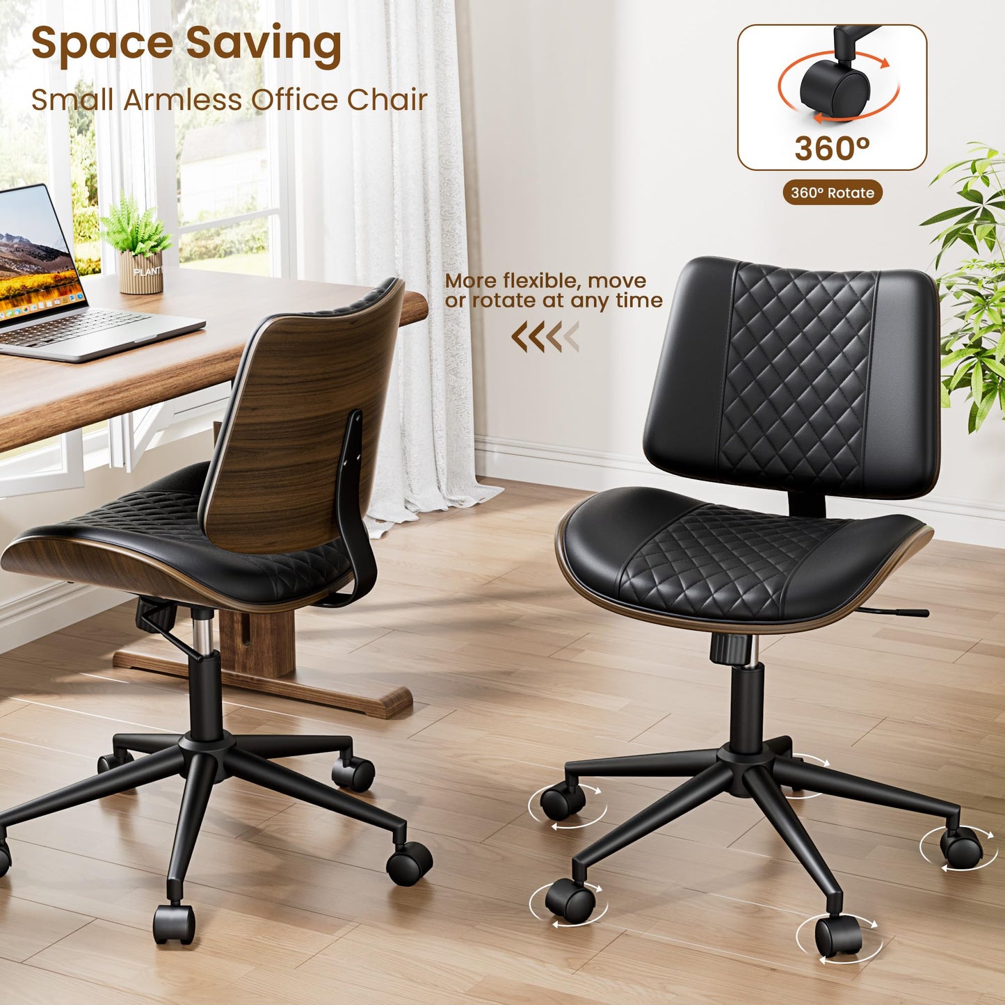 REONEY Home Armless Office Chair with Wheels, Modern Walnut Armless Desk Chair, Adjustable Swivel Rolling Task Chair with Curved Back for Small Space, Reading, Meeting Room, Black