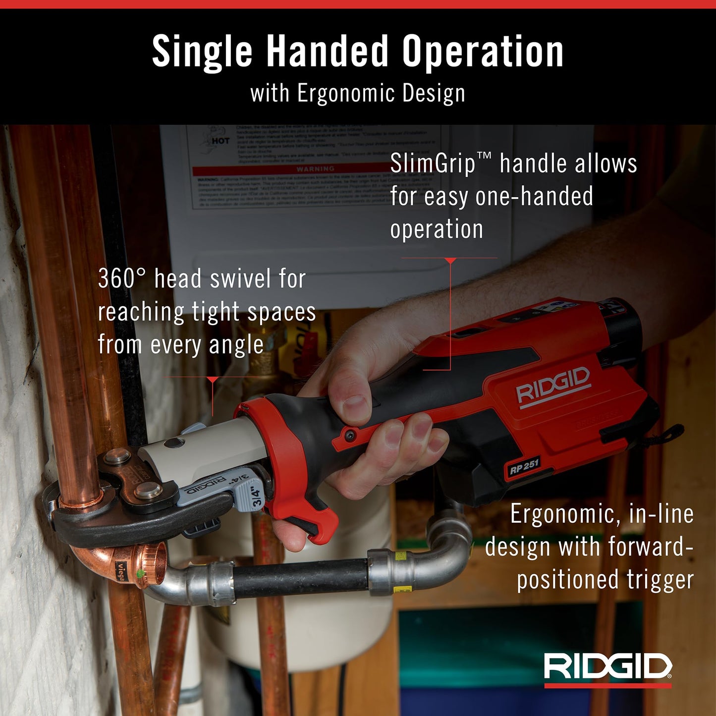 RIDGID 78228 RP 251 Compact Press Tool Battery Kit with (1/2" to 1") MegaPress Jaws and (1/2" to 3/4") Rings with C1 Actuator, In-Line Pressing Tool for Copper, Stainless Steel, PEX, and Carbon Steel