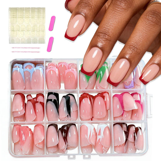 288 Pcs Multicolor French Tip Press on Nails Short Square Fake Nail, Full Cover Glossy Reusable Nude False Nails Acrylic Glue on Nails with 12 Sheets Adhesive Tabs for Women Girls Finger Nails Design