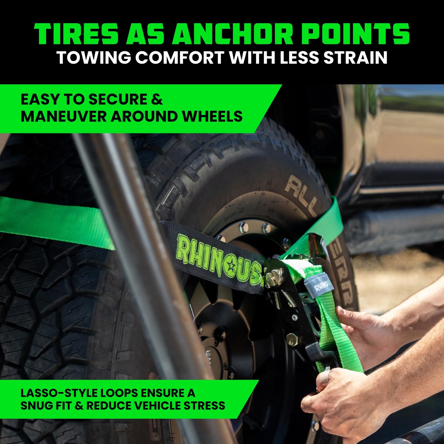 Rhino USA Car Tie Down Straps with Snap Hooks – 4 Pack 2" x8' – 10,000lbs Break Strength – Heavy Duty T-Handle Car Hauler Tire Lasso Wheel Straps for Trailers, UTV & Powersports – Black
