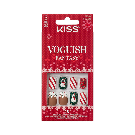 KISS Voguish Fantasy Holiday Press On Nails, ‘Snow Pops’, Multicolor, Short Squoval, No Damage To Natural Nails, Pink Gel Nail Glue (2g), Mini Nail File, Manicure Stick, & 28 Fake Nails