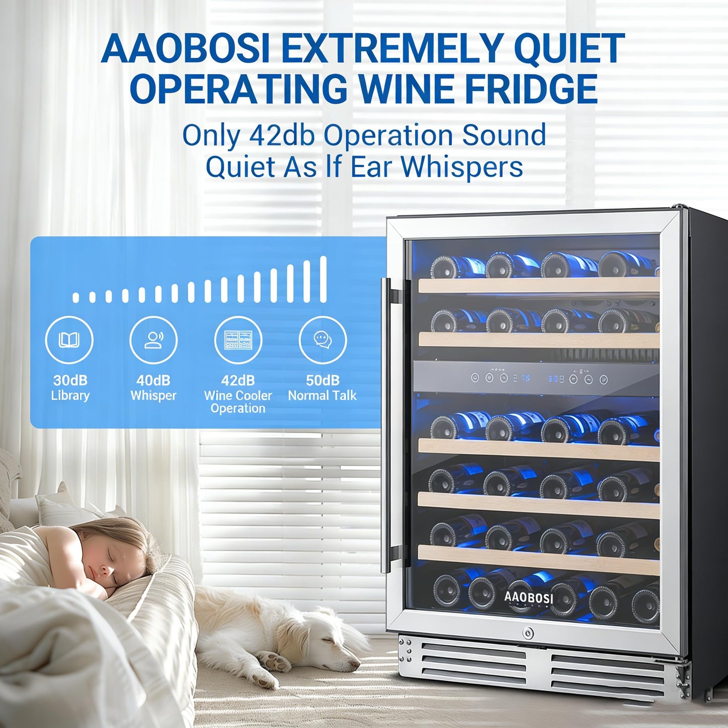 AAOBOSI Wine Fridge Cooler, 46 Bottles,24 inch Dual Zone Wine Cooler Under Counter with Safety Lock,Built-in or Freestanding Wine Refrigerators for Home,Office,Bar