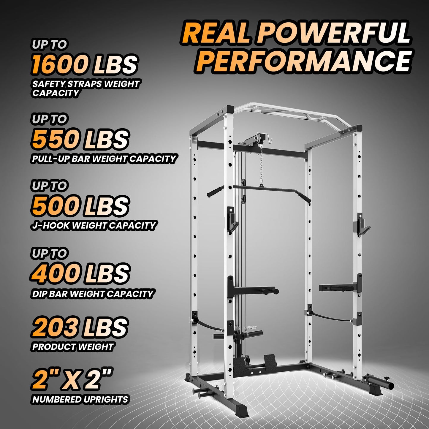 GarveeLife Power Cage, Multi-Function Power Rack with LAT Pulldown, 1600 LBS Weight Capacity Fitness Squat Rack with Cable Pulley System and j-Hooks, Dip Bars and Landmine Attachment for Home Gym