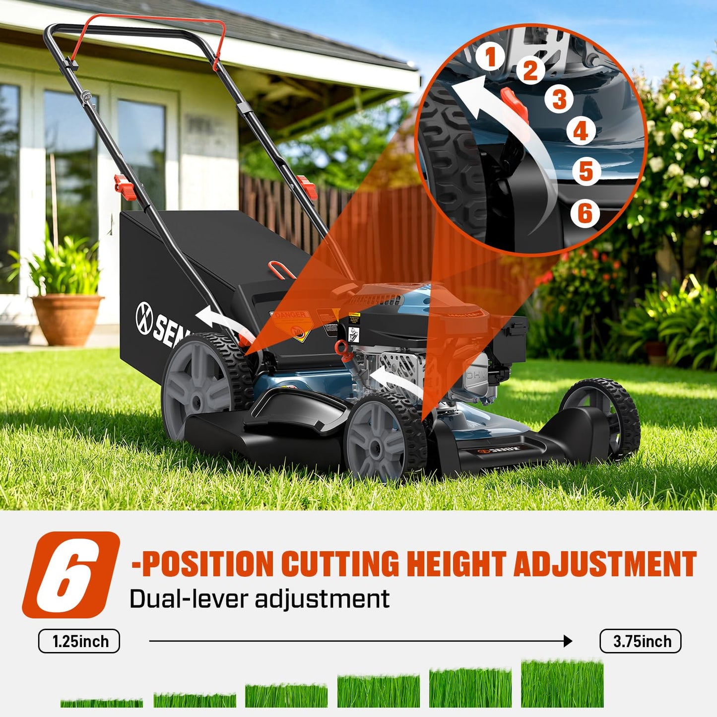 SENIX 144 cc 21-inch Push Lawn Mower, Gas-Powered 4-Stroke Engine, 3-in-1 Design, Steel Deck, 6-Level 1.25''-3.75'' Cutting Height, with 1.7 Bushels Grass Bag