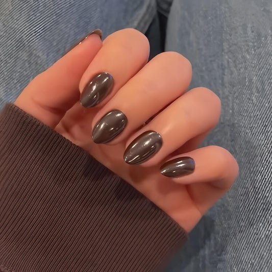 Fall Press On Nails Short - KQueenest Chrome Brown Press On Nails Oval, Sparkle Soft Gel Fake Nails Press on Short Almond, Reusable Cute Glitter Glue on Nails for Women, Thick Salon Quality, 24 Pcs