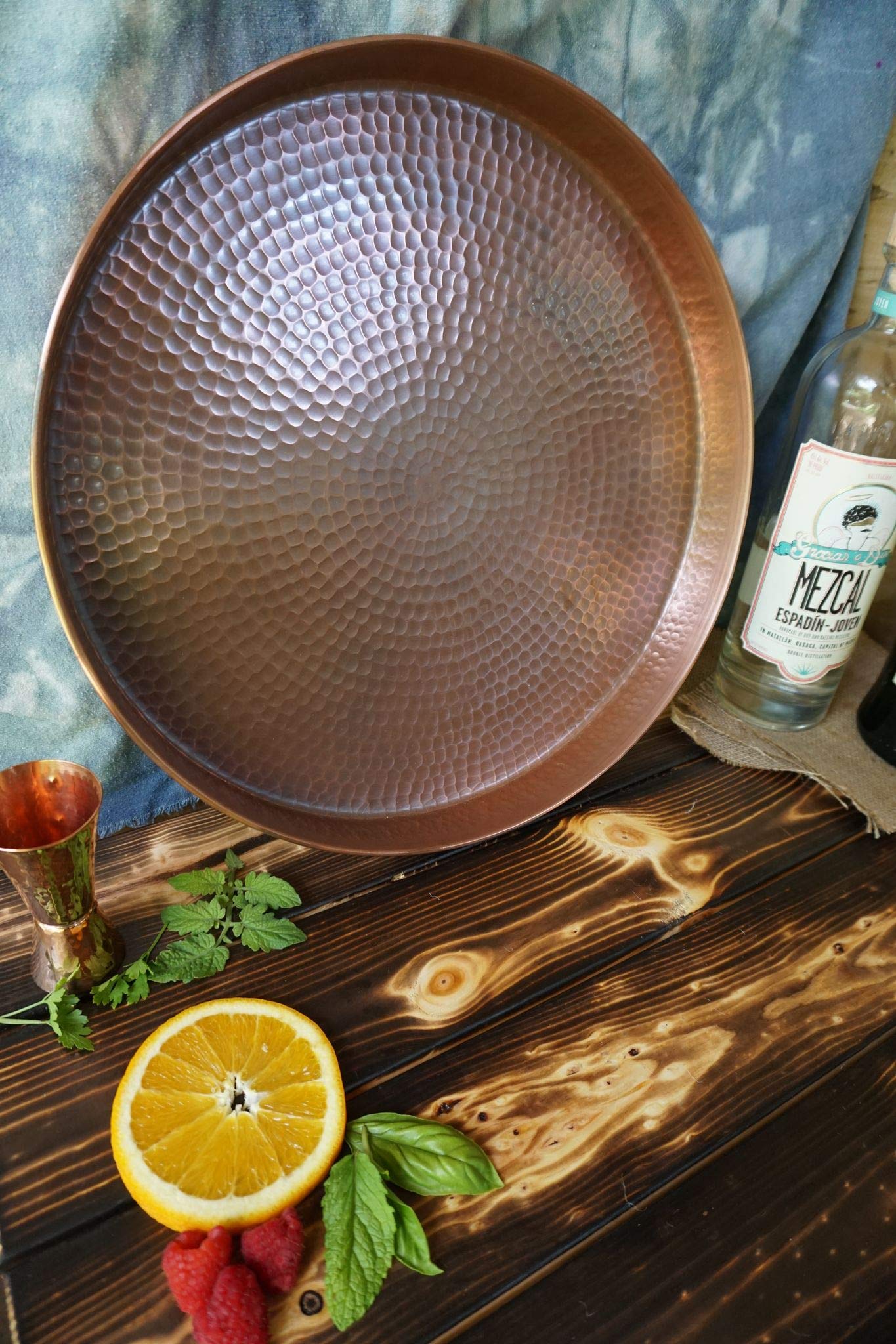 Sertodo Copper Oyster Bar Cart Tray | 14 in Diameter x 1.5 in deep | 100% Pure Copper, Hand Hammered, Heavy Gauge | Elegant Serving | Timeless Durability