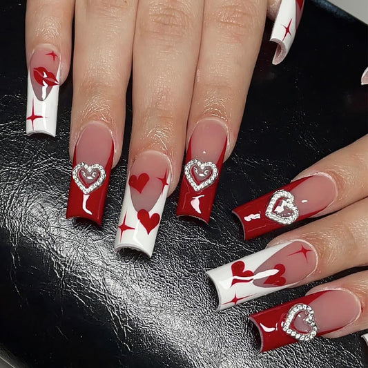 FIEONCIY Press on Nails Long Coffin Shaped Acrylic Glossy Full Cover Long Square French False Nails with Designs Artificial Extra Long Fake Nails with Charms Glue ons Fingernails for Women(A80108)