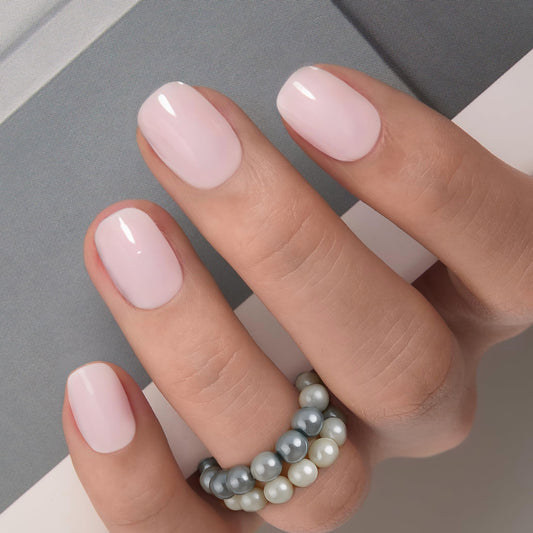 Curvlife Press on Nails Milky White Short Square Acrylic Fake Nails with Apricot Design Full Cover Glossy Nude Glue on Nails Artificial for Women 30Pcs