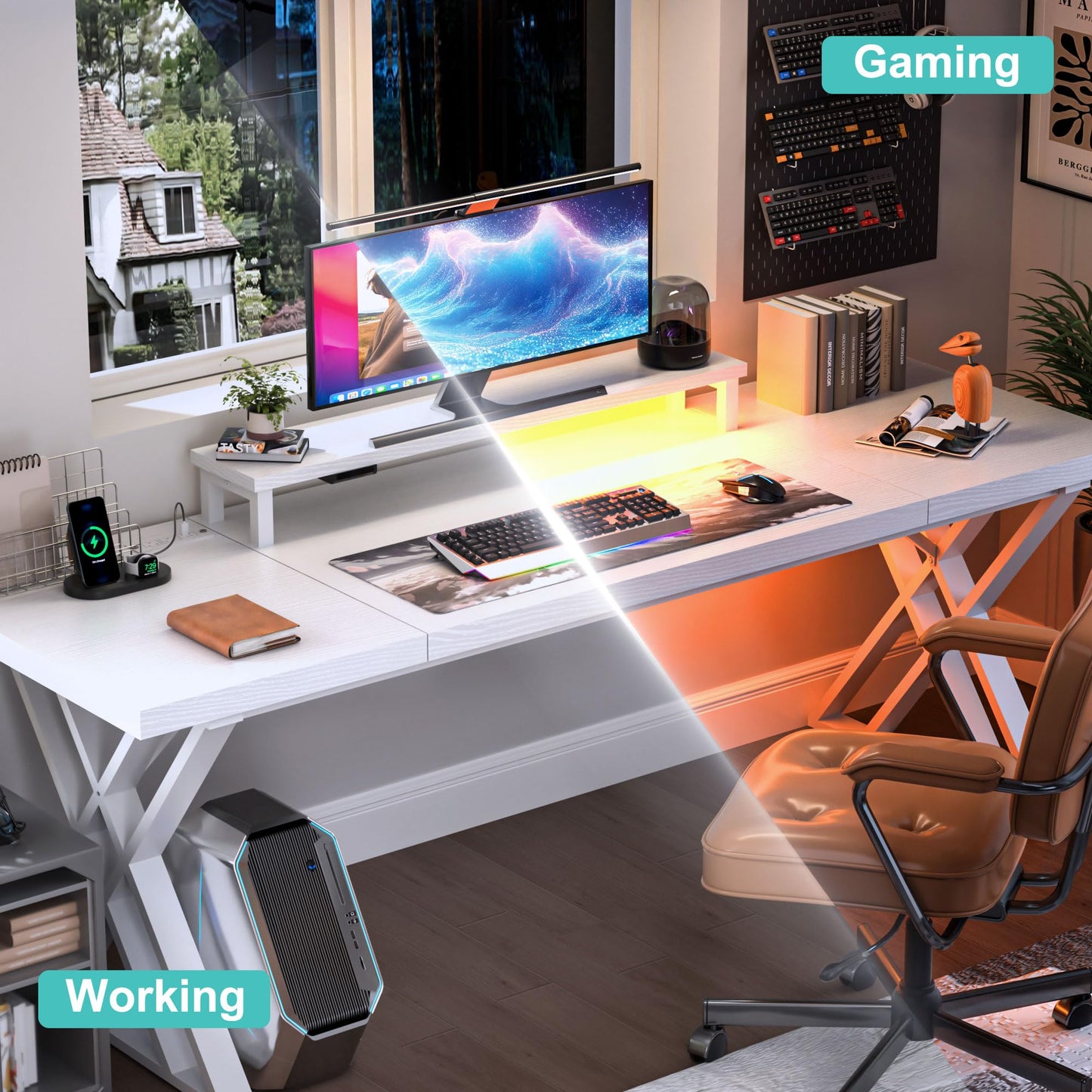 Dithoko 70.8 Inch Large Computer Desk with Power Outlet & LED Lights,Modern Home Office Desk with Ergonomic Monitor Stand,Extra Long Executive Office Writing Desk for Gaming, Work, Study, White