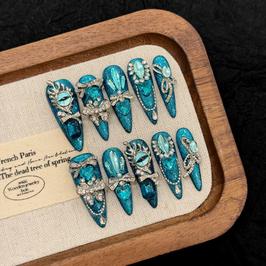 Yacey Luxury Jewel Handmade Press on Nails, Long Stiletto Reusable False Nails Press Ons, Blue Thick Acrylic Fake Nails with Charms, 3D Bling Glue on Nails for Women Girls (10 Pcs, M)