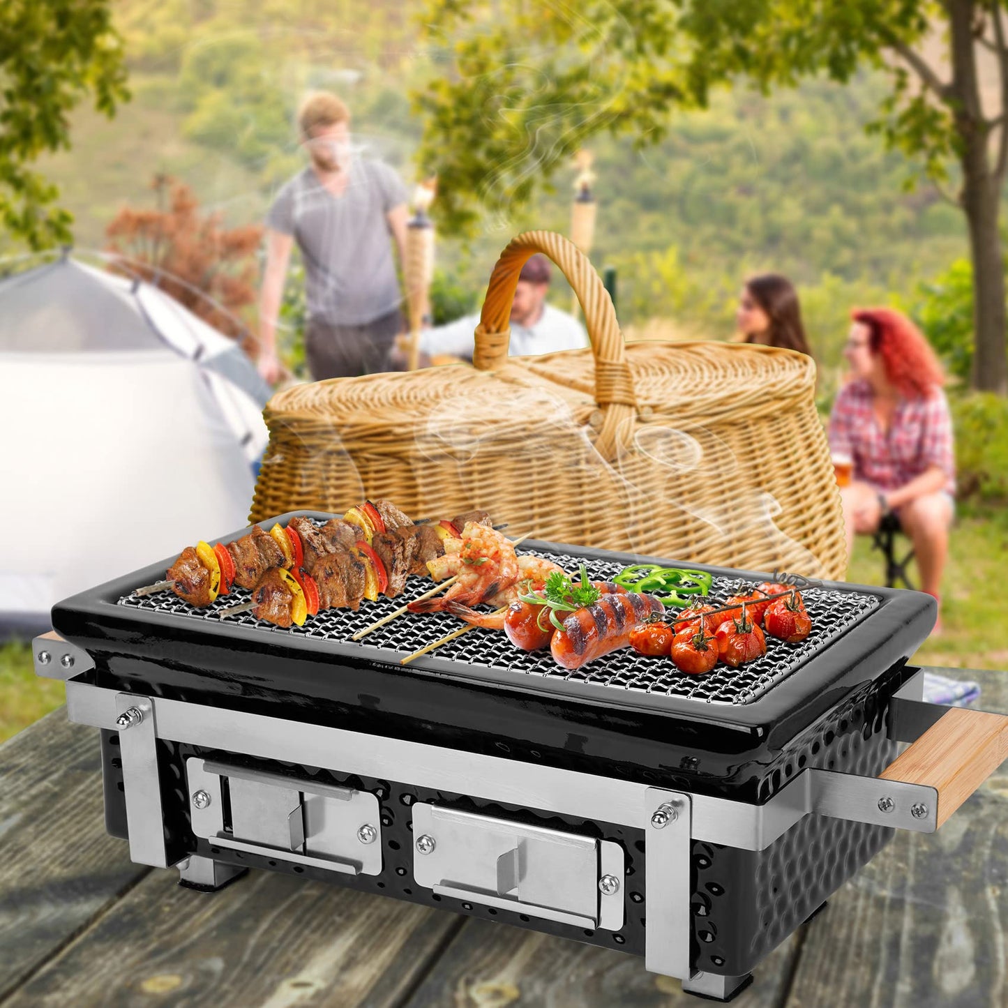 ONLYFIRE GRILLS Charcoal BBQ Hibachi Grill with Grid Lifter, Portable Yakitori Grill with Stainless Steel Grate, Barbecue Stove for Outdoor Camping Picnic Patio Backyard Cooking, GS306