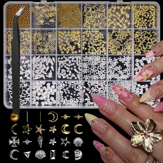 Gold Silver Nail Charms 3D Alloy Flower Nail Gems Metal Moon Star Nail Jewels Ocean Beach Starfish Seashell Gold Beads Nail Art Supplies with Tweezer for Women DIY Acrylic Nail 24 Grids 1 Box