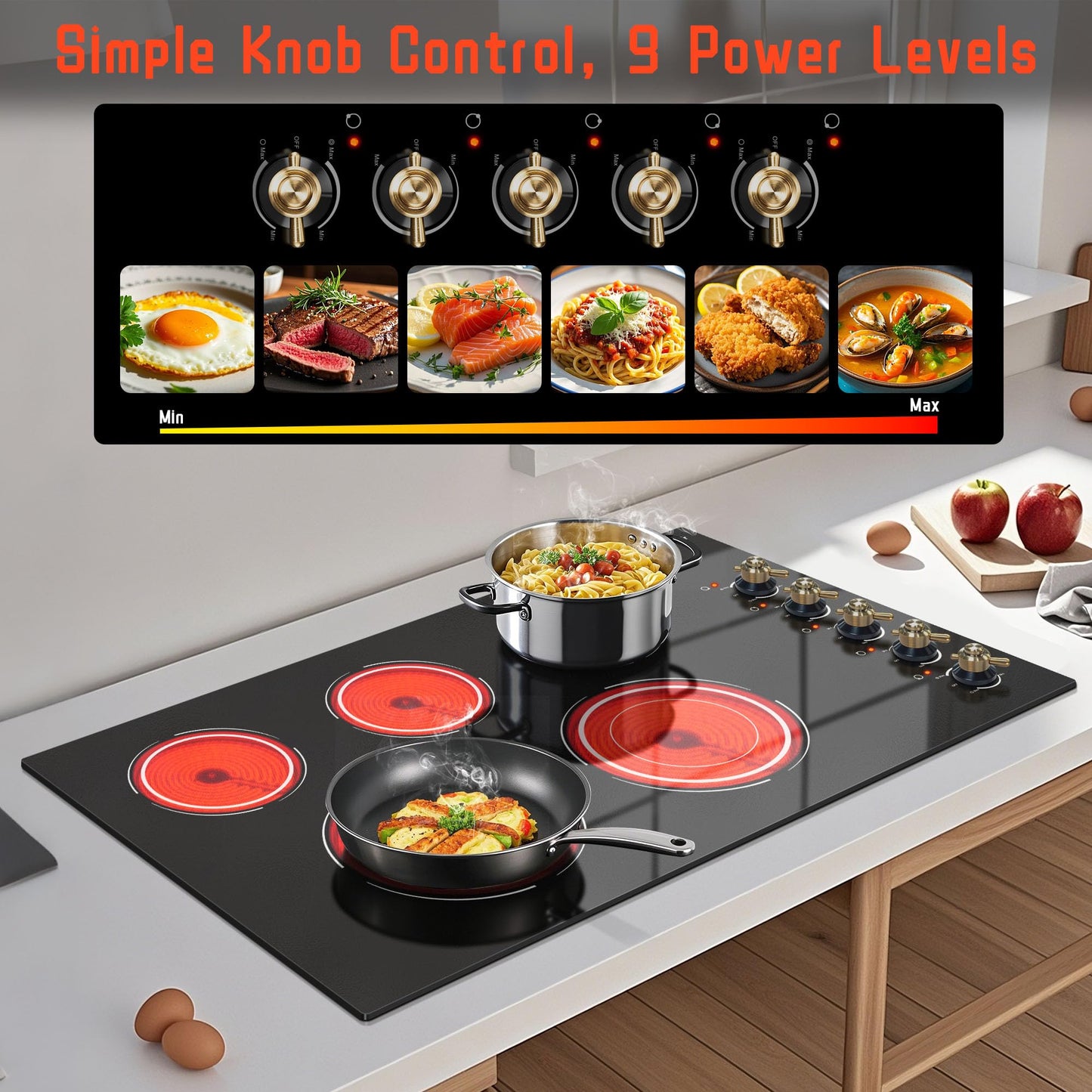 Disaenvir Electric Cooktop 36 Inch - 5 Burner Electric Stove Top with 8400W, 36 Inches Built-in(34.25"x19.3") Ceramic Stove with Dual Rings, Overheat Indicator, Knob Control, 220V - 240V Hard Wired