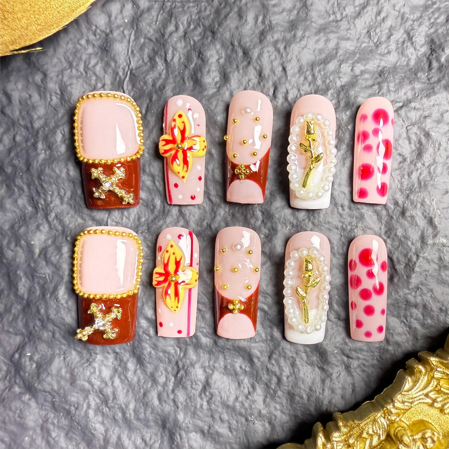 Handmade Press On Nails Square Medium Golden Floral Handmade Nails 3d Floral French Reusable Wedding Prom And Festival Gift Handmade Acrylic Press On Nails (Medium)