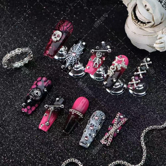 Handmade Press on Nails Halloween Nail Press ons Long Coffin Fake Nails with Pumpkin Skeleton Star Charms Design Ombre Black Pink False Nails Reusable Halloween Handmade Nail for Women Size L