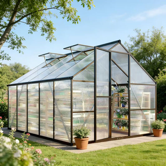 8x10 FT Greenhouse for Outdoors, Polycarbonate Greenhouse with Quick Setup Structure and Roof Vent, Aluminum Large Walk-in Green House for Outside Garden Backyard, Charcoal Black