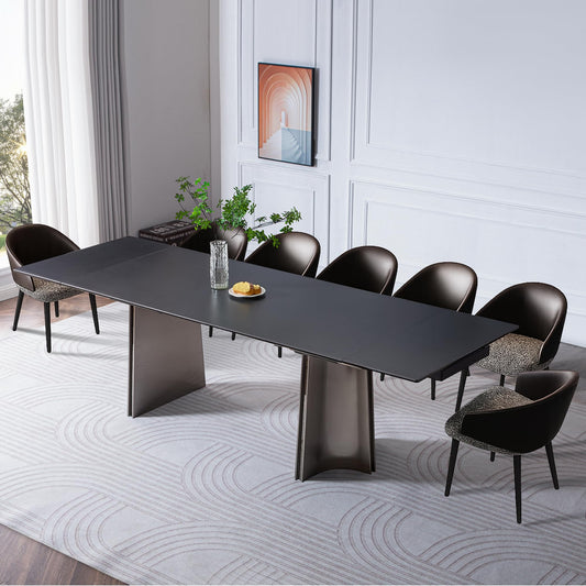 TimesGate Extendable Dining Table for 8-12 Seat, Flexible Stretch, Tabletop Made from Rock Plate and Tempered Glass, Stable Stainless Steel Brushed Table Legs, 35.4"D x 106.3"W x 30.7"H, Pure Black