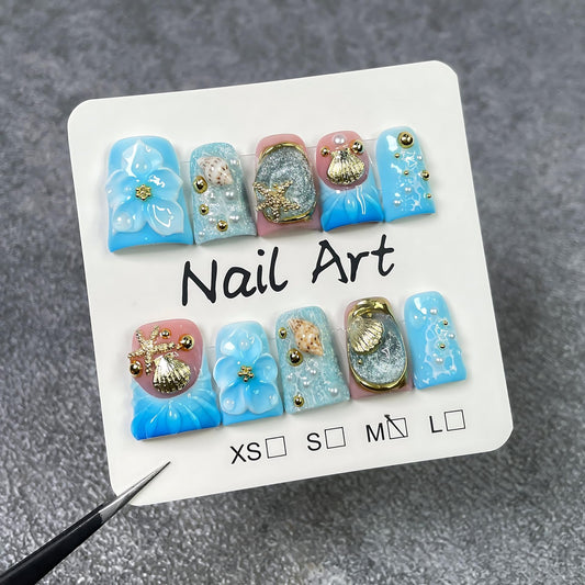 Summer Press On Nails Beach Handmade Press Ons 3D Nail Art Press Ons Homemade Press On Nails French Tip With 3D Design Summer Flower Fake Nail For Women M