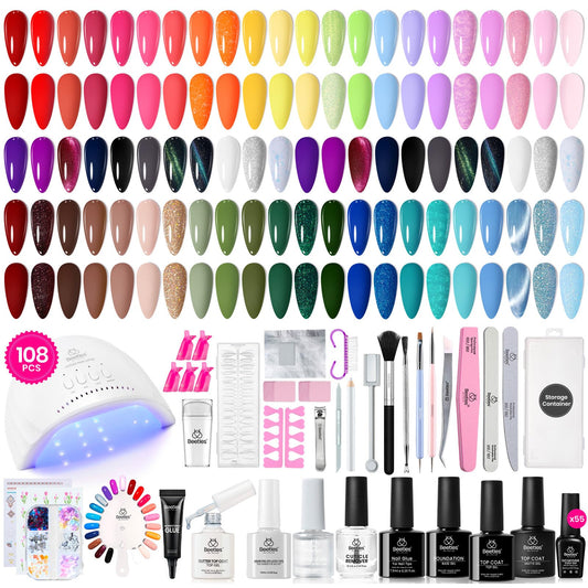 Beetles Gel Nail Polish Kit with U V Light, 108 Pcs 55 Colors Cat Eye Gel Polish Set with Base Coat Glossy Matte Glitter Top Coat Gel Polish Glitter Red Green Brown Purple Pink Gifts for Women Girls
