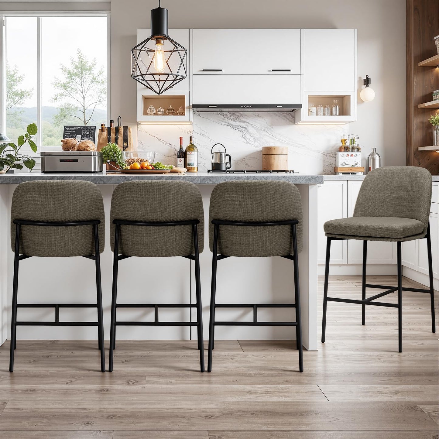 COLAMY Counter Height Bar Stools Set of 4, 25 Inch Modern Fabric Kitchen Island Stools with Back, Upholstered Counter Barstools Armless Bar Chairs with Metal Legs for Island Dining Room Bar,Brown