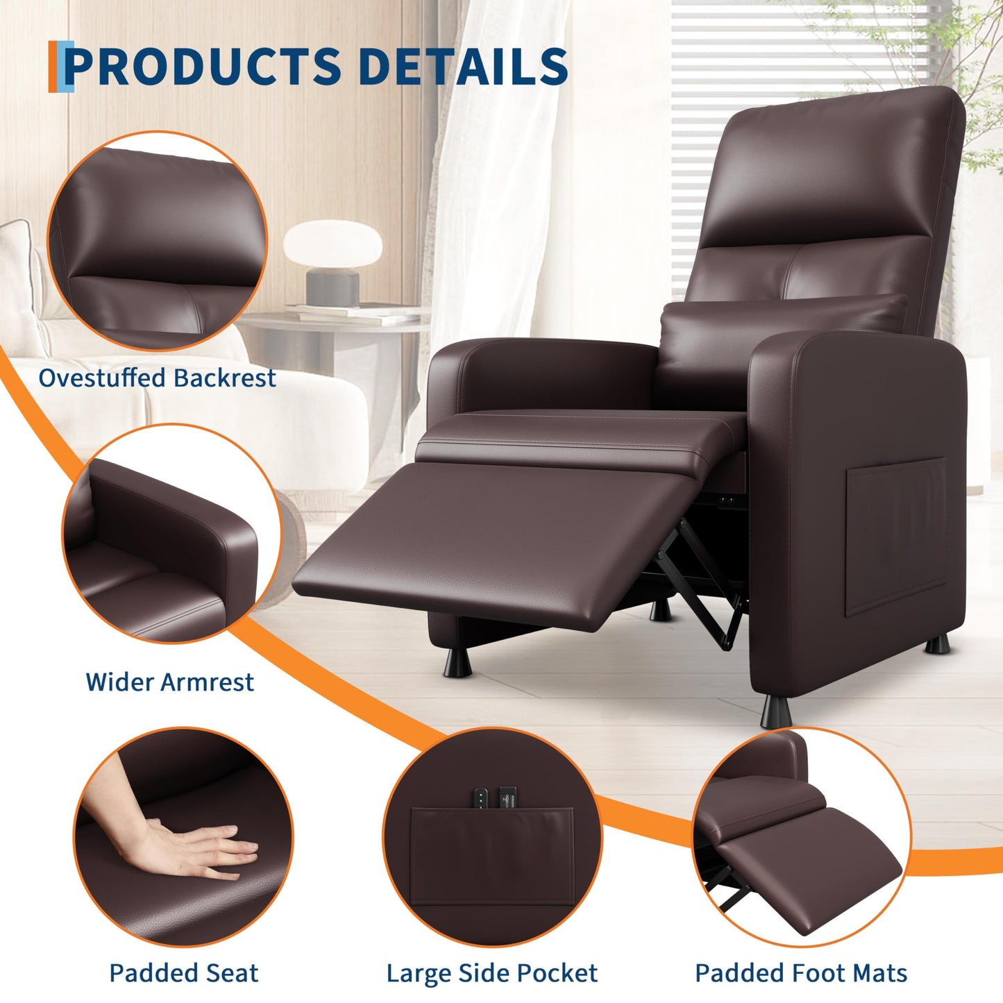 GarveeHome Power Recliner Chair - Heat and Massage, Adjustable Electric Recliner Ergonomic PU Leather Single Sofa, Tall Back, Padded Seat, Home Theater Seating for Living Room