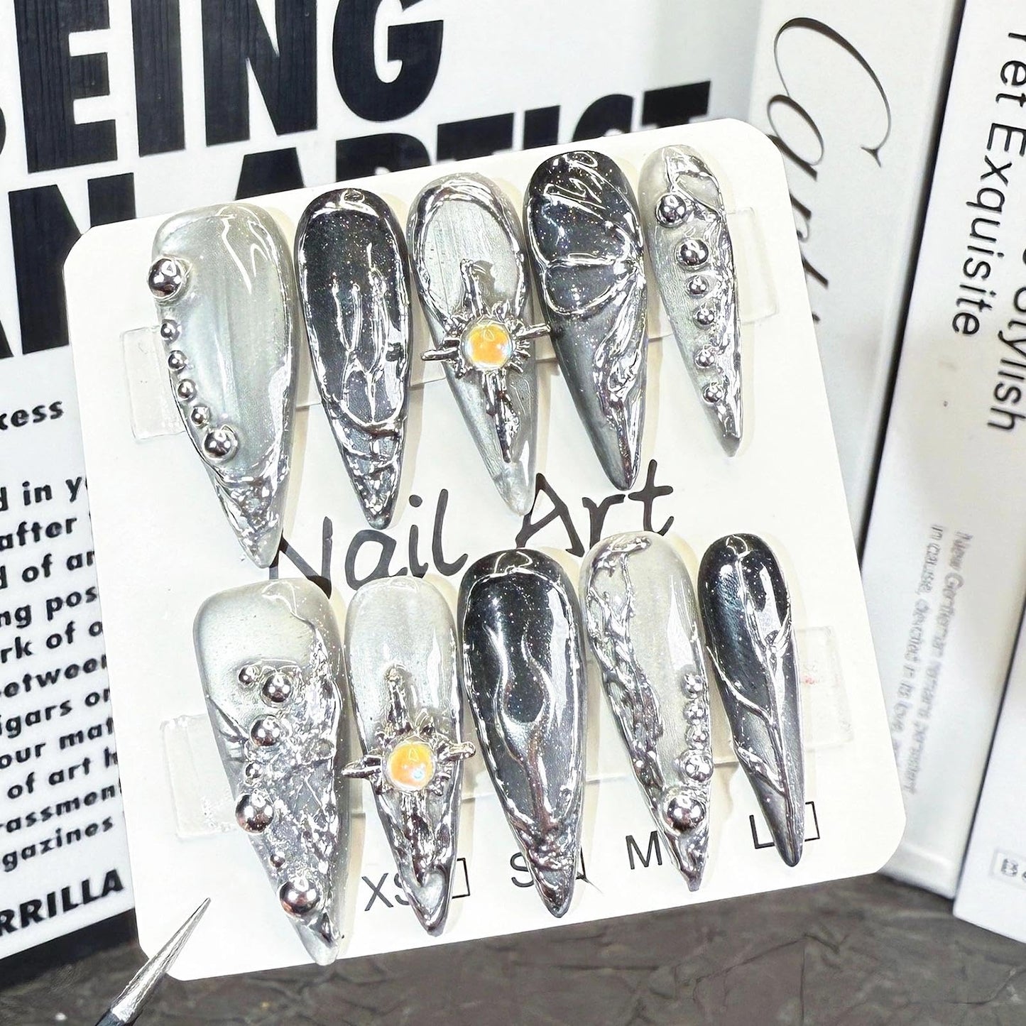 Handmade 3D Metallic Futuristic Stiletto Press On Nails, Silver Black Mechanic Artisan Nails Set, Reusable Glossy Press-ons with Tool Kit (M)