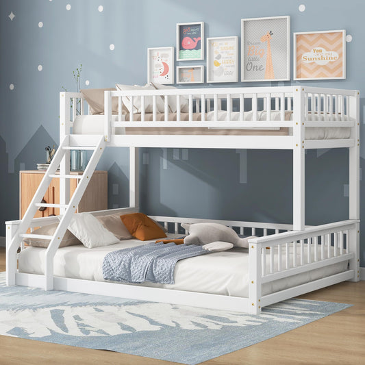 Merax Twin XL Over Queen Floor Bunk Bed with Ladder and Guardrails, Bedroom Wood Bunk Bed Frame for Kids/Teens/Youths/Adults, Space Saving & Noise Free, No Box Spring Needed, White