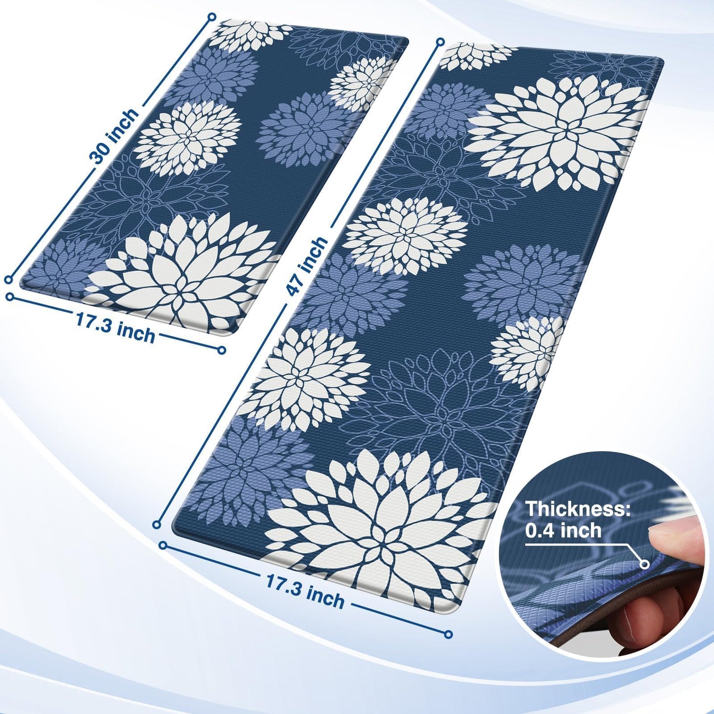 SofterCharm Kitchen Mats, 2PCS Non-Slip Cushioned Rugs, Anti-Fatigue Waterproof Floor Rug, Washable Standing Desk Mat, Home Laundry Office Apartment Decor and Accessories (17.3" ×47" +17.3" ×30"-Blue)