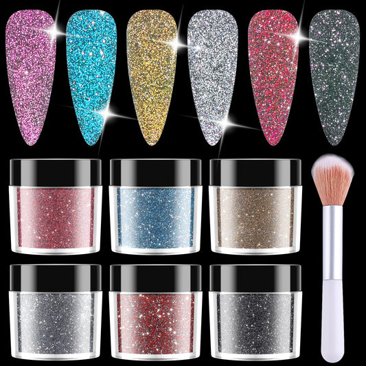 Furtherpretty Reflective Glitter Powder for Nails, 6 Colors Nail Sugar Loose Glitter Powder Set, Flash Sparkle Nail Art Dust in Pink, Silver & Champagne, DIY Manicure Accessories with Brush (#2 Flash)