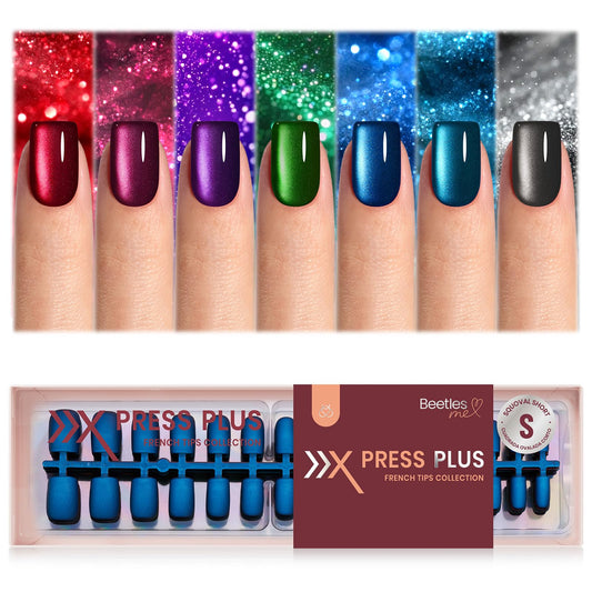 Beetles X Press Cat Eye Nails - 7 Colors Short Square Press On Nails | 16 Sizes 224 Pcs Natural Salon Quality Red Blue Purple Cateye Nails For Women