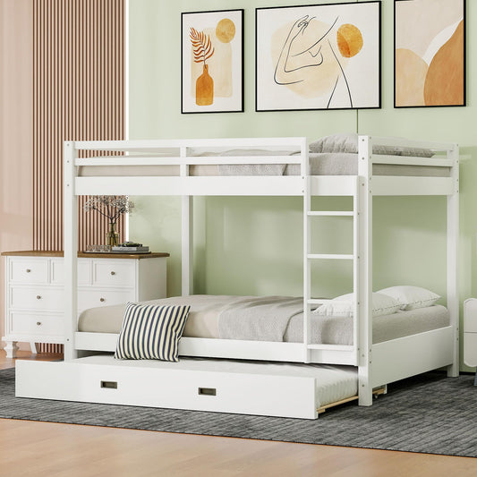Bellemave Queen Over Queen Size Bunk Bed with Trundle for Kids/Adults,Solid Wood Bunk Bed Frame Queen Size with Ladder & Safety Guardrails,White