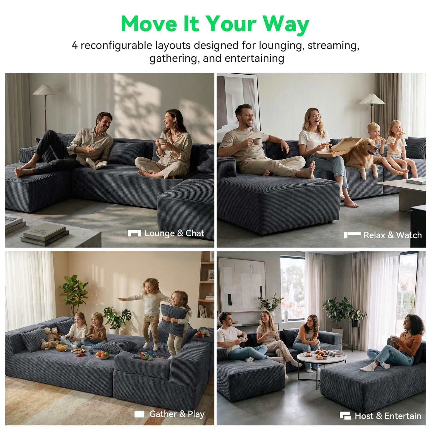 MONVANE 141'' Modular Sectional Sofa, PRO Version U-Shape Boneless Couch, Oversized Deep Seating Cloud Couch, No Assembly, High-Resilience Foam, Soft Corduroy Fabric, for Living Room Apartments Grey