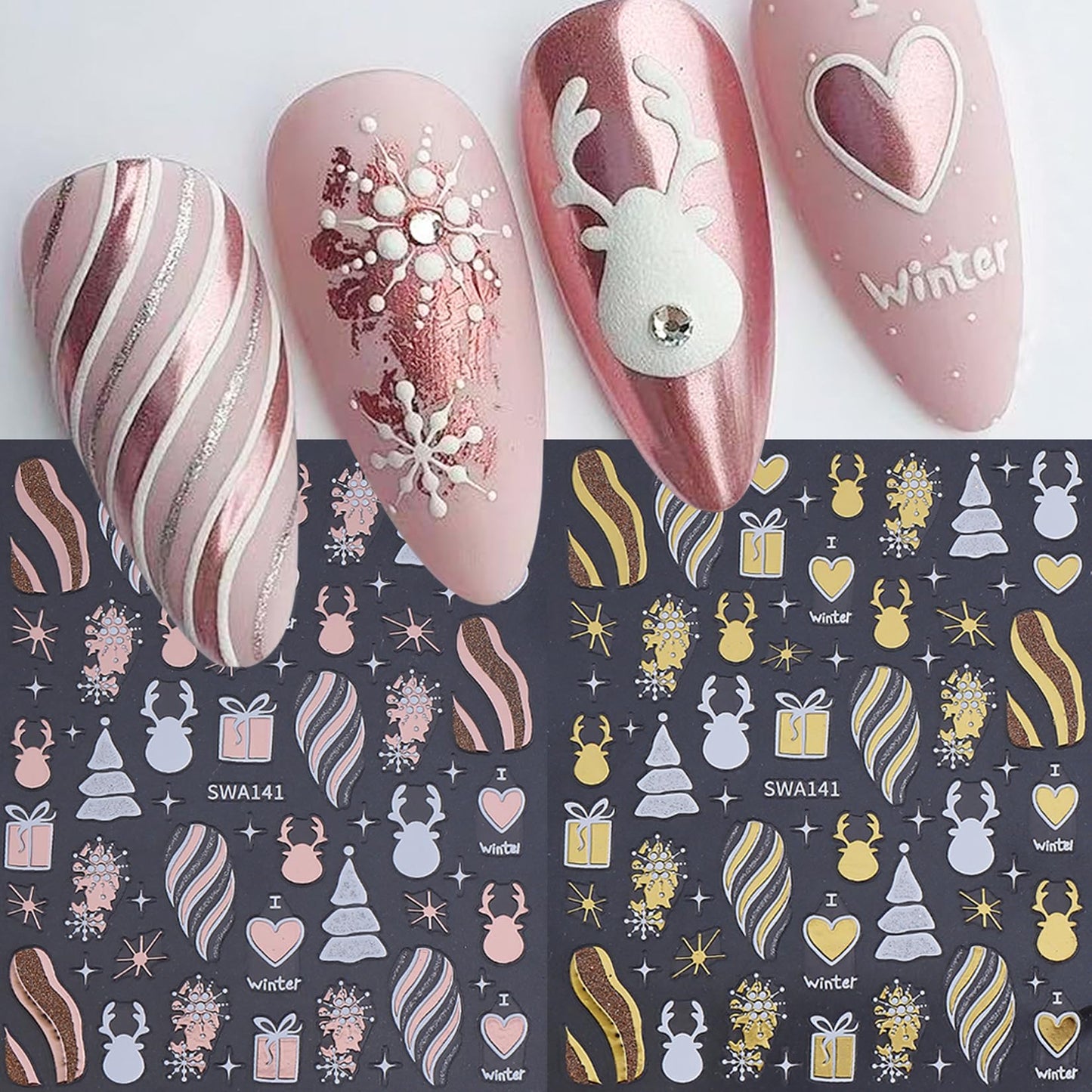 Christmas Holiday Nail Art Stickers 16PCS 3D Santa Claus Deer Decals for Nail Art Seasonal Fingernail Designs White Snowflake Gingerbread Man Self-Adhesive Manicure Decorations Accessories for Women