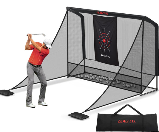Zealfeel Golf Net, 10x7ft Golf Simulator Enclosure Net with Side Barriers, Low-Noise Silk Target, Carry Bag, 2 Sand Bags, 4 Stakes, Hiting Net for Backyard Driving Chipping Indoor Outdoor Use