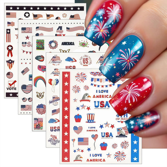 5 Sheets July 4th Nail Art Stickers 3D Self Adhesive American Flag I Love America Nail Decals Memorial Day for Women Nail Art Decoration