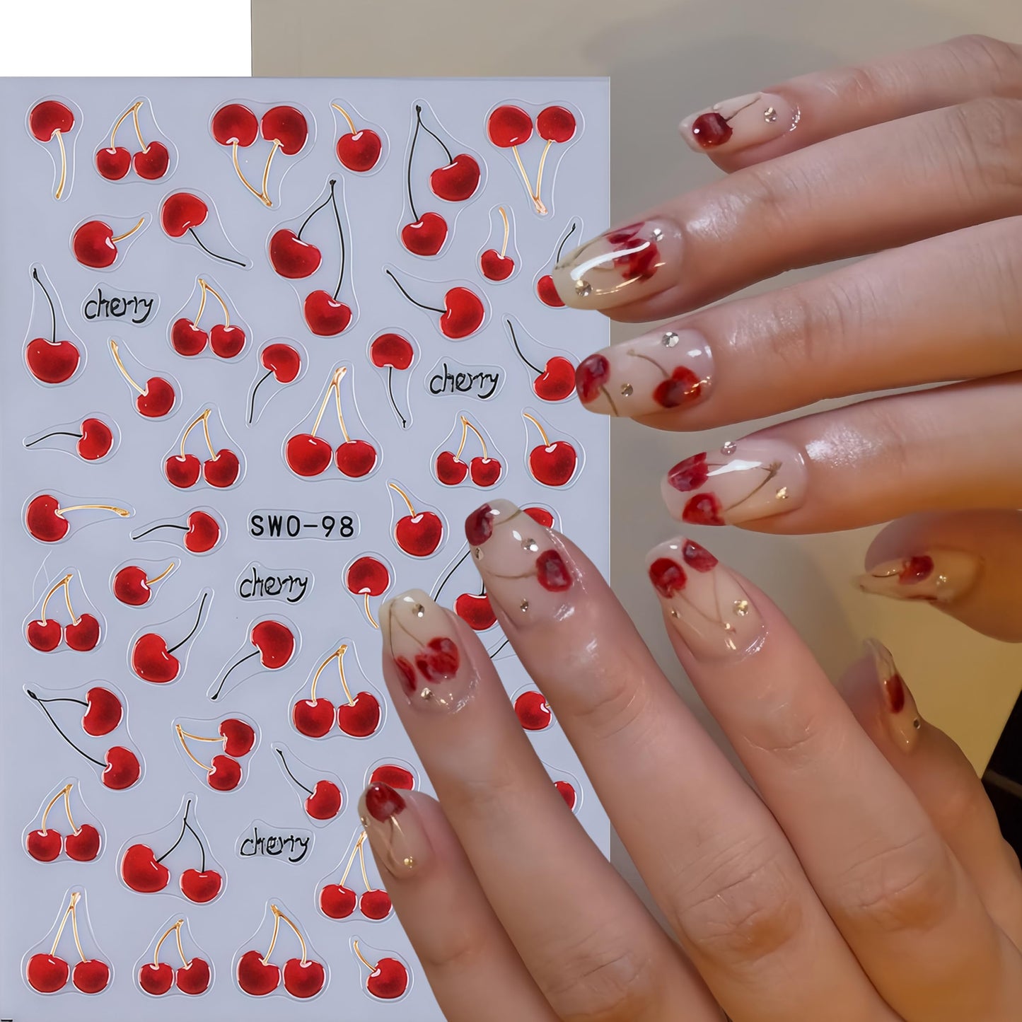 4 Sheets Flower Bee Stickers for Nail Art Spring Summer Floral Nail Art Stickers 5D Embossed Self-Adhesive Nail Decals Green Leaf Cherry Fruit Pattern Nail Design Candy Ice Cream Nails Decor for Women