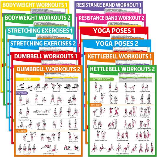 gisgfim 12PCS Workout Posters for Home Gym Dumbbells, Bodyweight, Stretching, Resistance Bands, Yoga, Kettlebells Exercise Chart Full Body Workout Poster Set Muscle Engagement Chart Garage Gym Decor