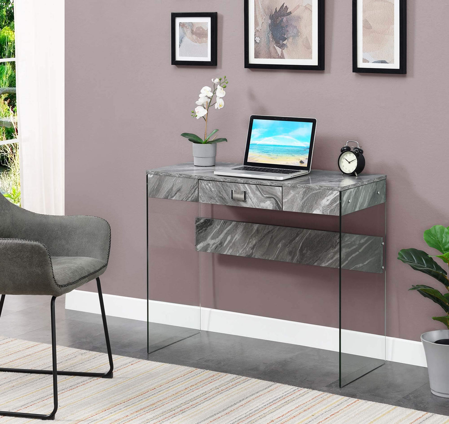 Convenience Concepts SoHo 1 Drawer Glass 36 inch Desk, Gray Faux Marble/Glass