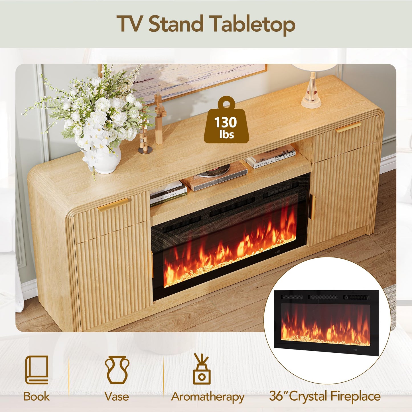 Decofy 70" Fluted Fireplace TV Stand for 80" TV, TV Console Cabinet with Wavy Grain Doors & Adjustable Shelves, Remote & Touch Control Adjustable LED Light, Flame Colors&Temperature for Living Room