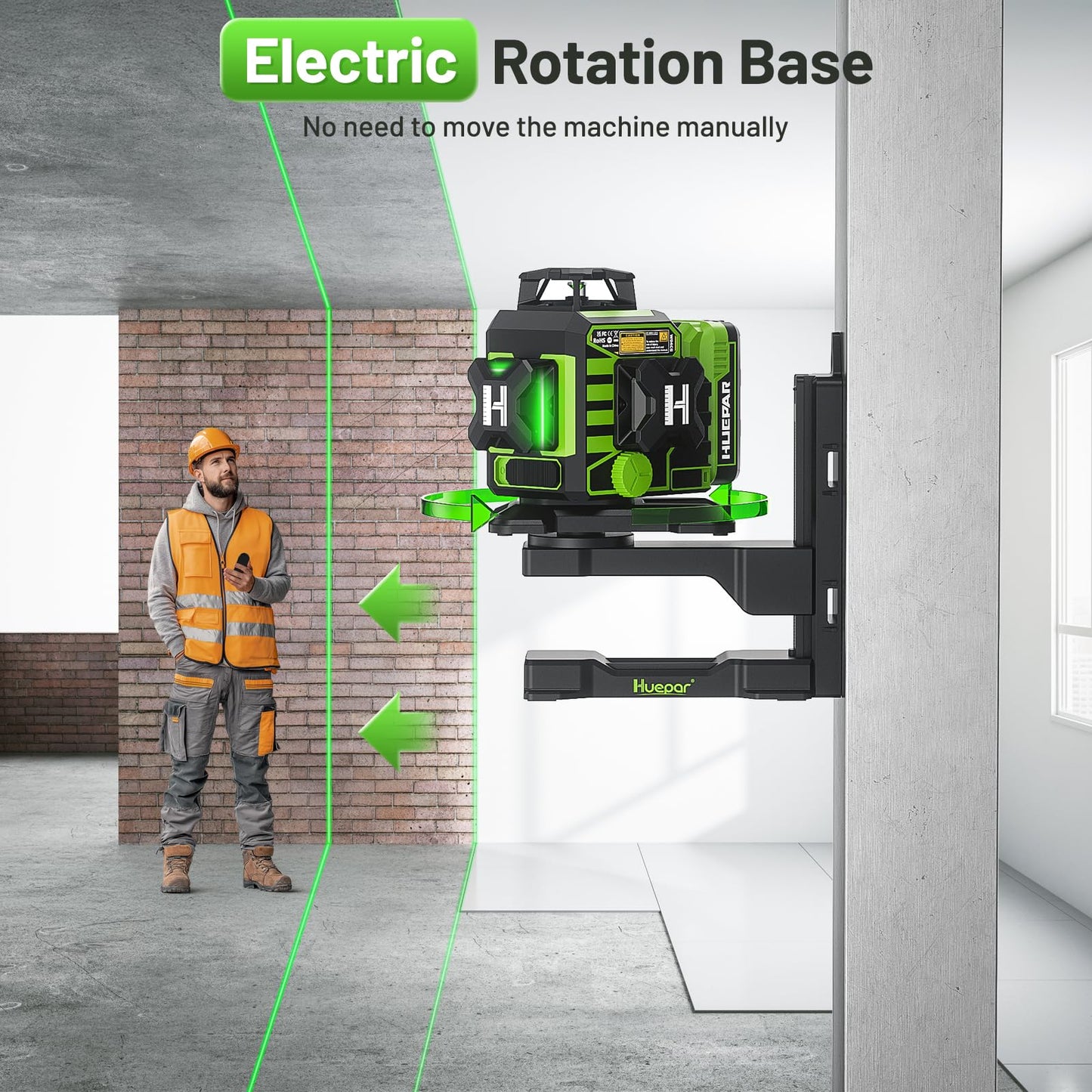 Huepar W03CG Bluetooth Laser Level 3x360 Self Leveling, 3D 12 Lines with Electric Rotating Base＆Large LCD Screen, 3 Planes Green Lazer Leveler Tool for Construction, Ceiling,Tiling, Framing, etc.