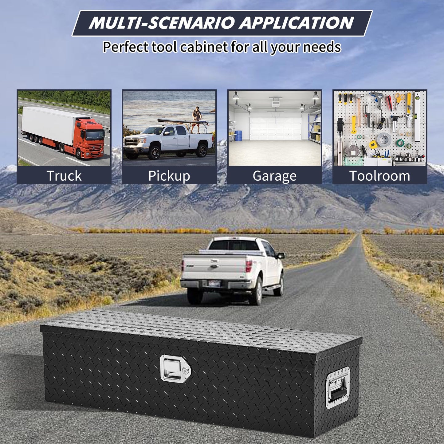 GarveeTech 36 in Truck Bed Tool Box, Heavy Duty Aluminum Diamond Plate ToolBox for Pick Up Truck RV Trailer, Trailer Toolbox Storage with Side Handle, Lock and Keys, Black