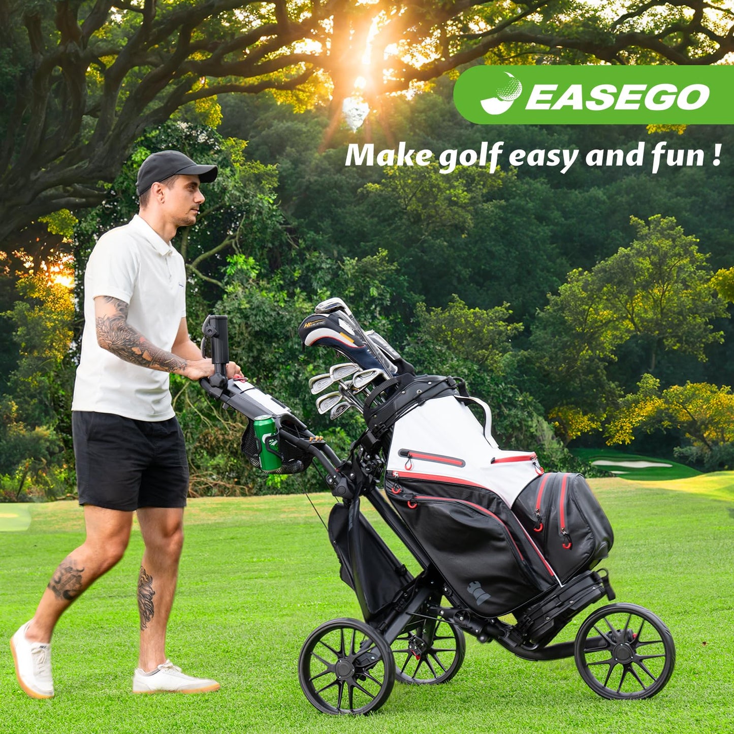 EASEGO Golf Push Cart 3 Wheel : Golf Bag Cart Foldable with Phone Holder/Cup/Umbrella Holder Compact Golf Pull Carts Quick Fold Golf Caddy Push Carts with Large Wheelbase for Different Terrain(Black)