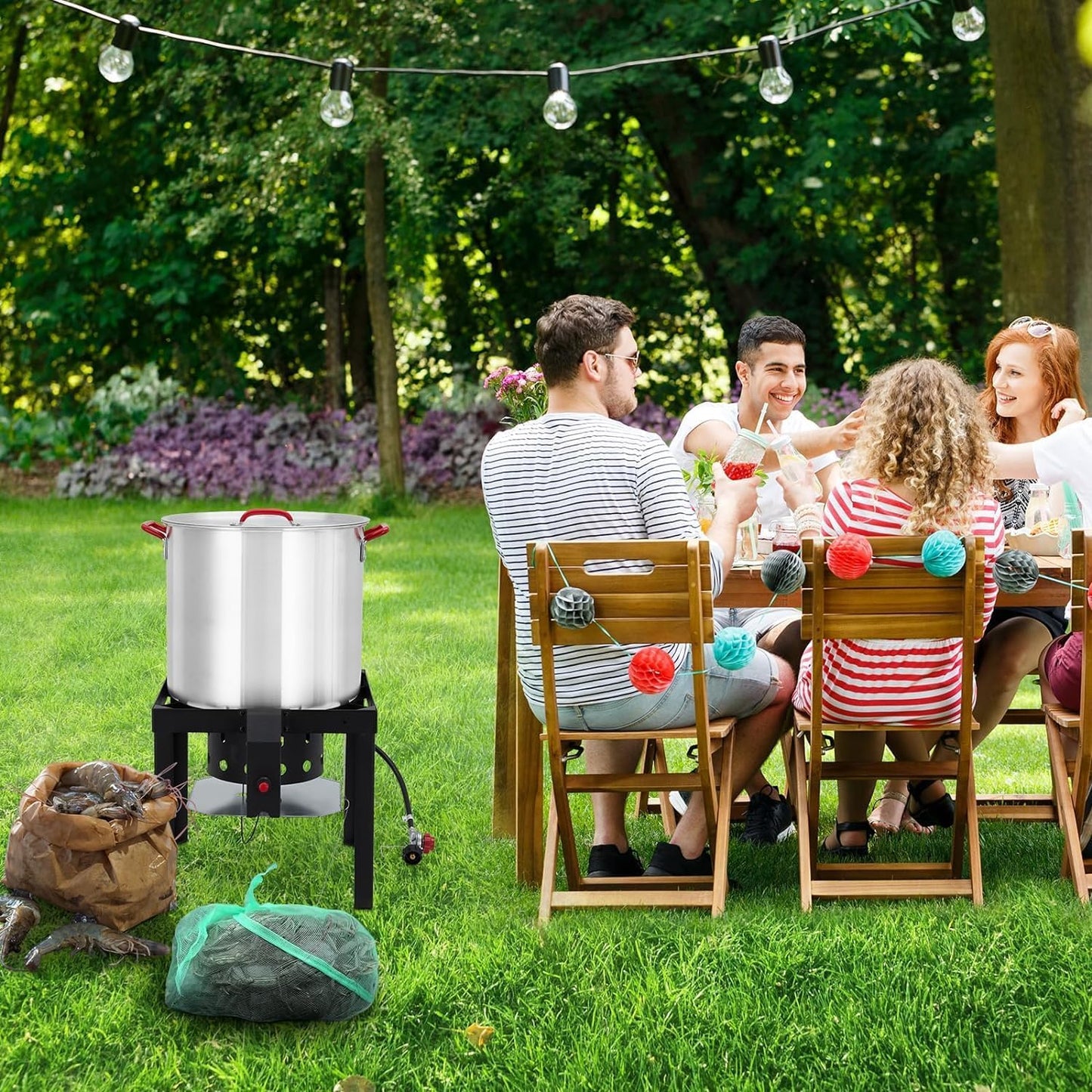 60-Quart Aluminum Seafood Boil Pot Kit with Steam/Boil Basket & Strainer, 110,000 BTU Propane Jet Burner & Lifting Hook, 10 PSI Regulator, Outdoor Crawfish, Shrimp, Crab Boiler and Fryer Combo
