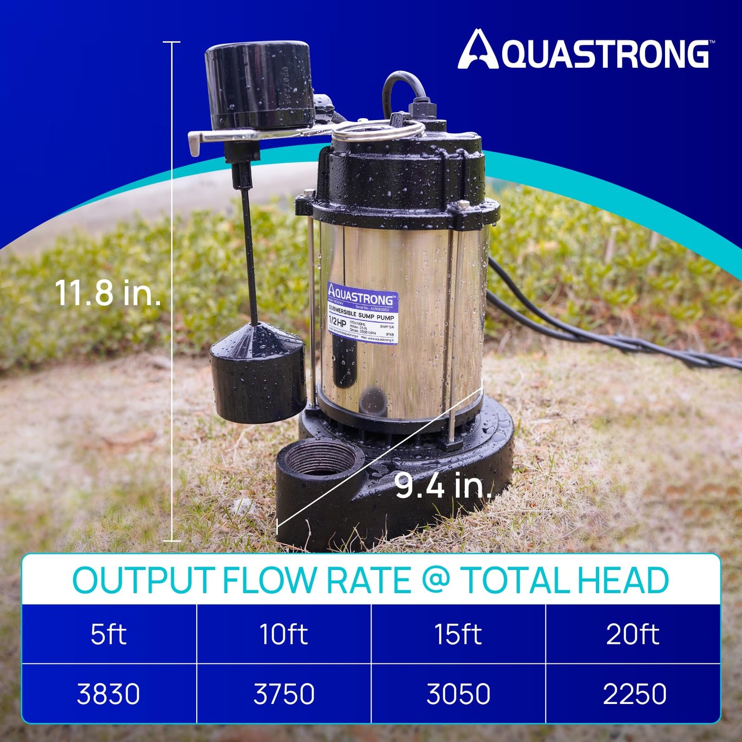 AQUASTRONG 1/2 HP Sump Pump Submersible, 3830 GPH Stainless Steel and Cast Iron Basement Water Pump, Automatic Integrated Vertical Float Switch with Piggy-back Plug,1-1/2" NPT Discharge Subpumps