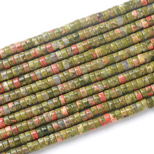 150pcs 2x4mm Natural Unakite Green Stone Tube Shape Beads Loose Flat Round Cylinder Flat Spacer Green Stone Beads for Bracelet Earrings Jewelry Making